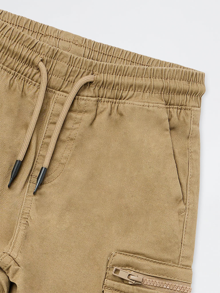 HOP Kids Boys Beige Mid-Rise Cotton-Blend Cargo-Style Joggers
