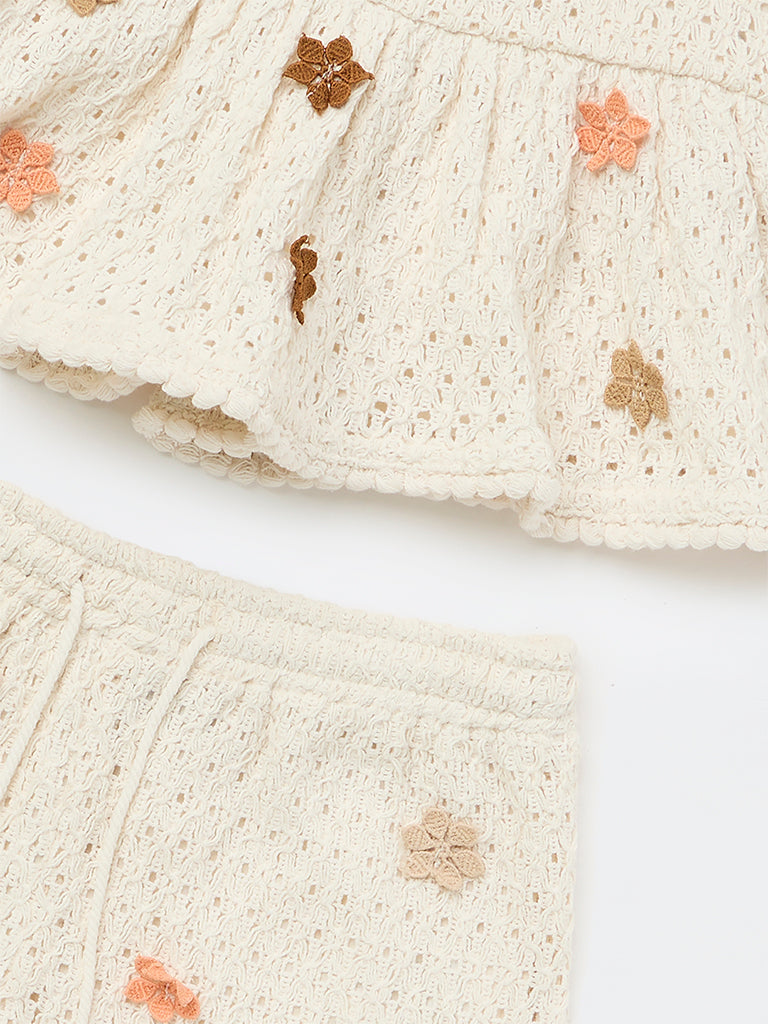 HOP Kids Girls Off-White Crochet-Knitted Cotton Top and Shorts Set