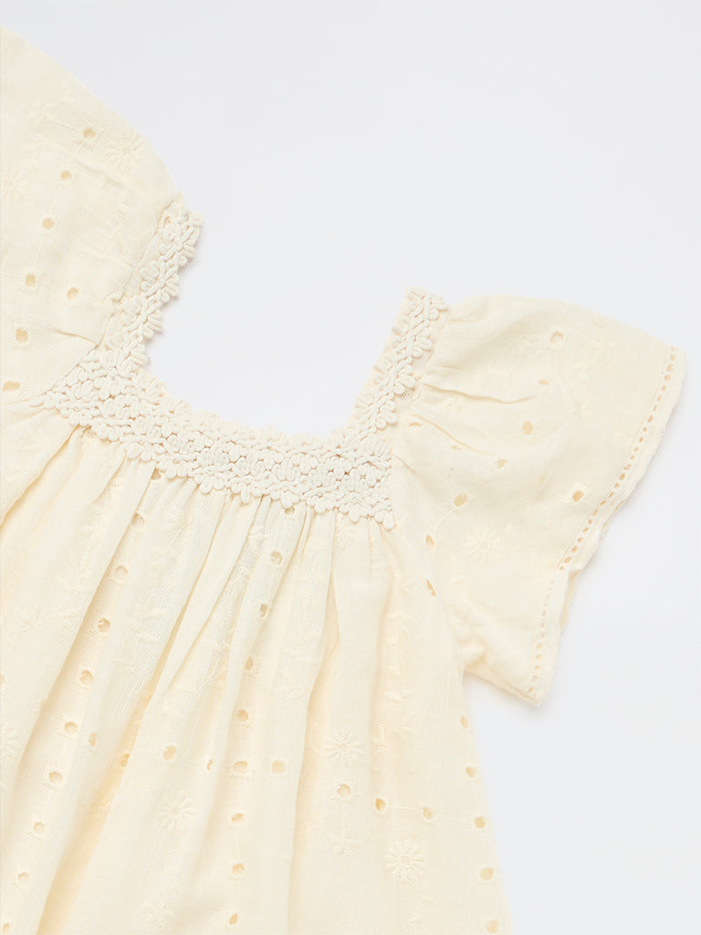 HOP Kids Girls Light Yellow Schiffli Design A-Line Dress