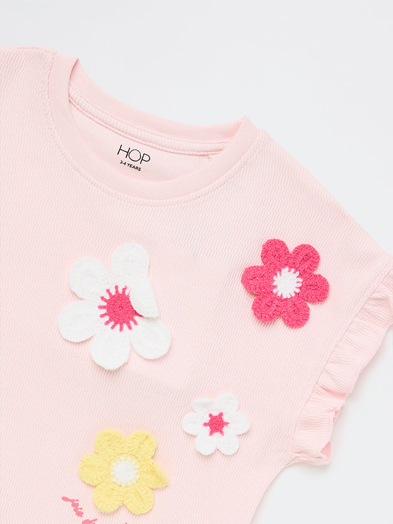 HOP Kids Girls Pink Floral Embroidered Tie-Up Cotton Top