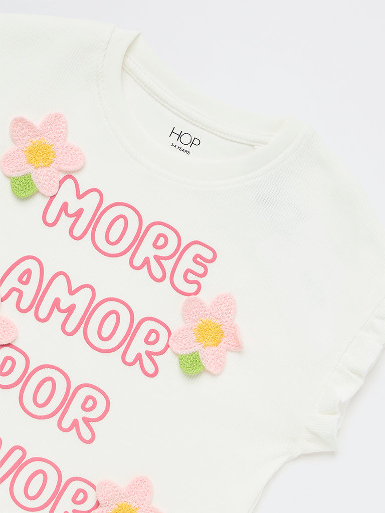 HOP Kids Girls White Text Printed Tie-Up Cotton Top