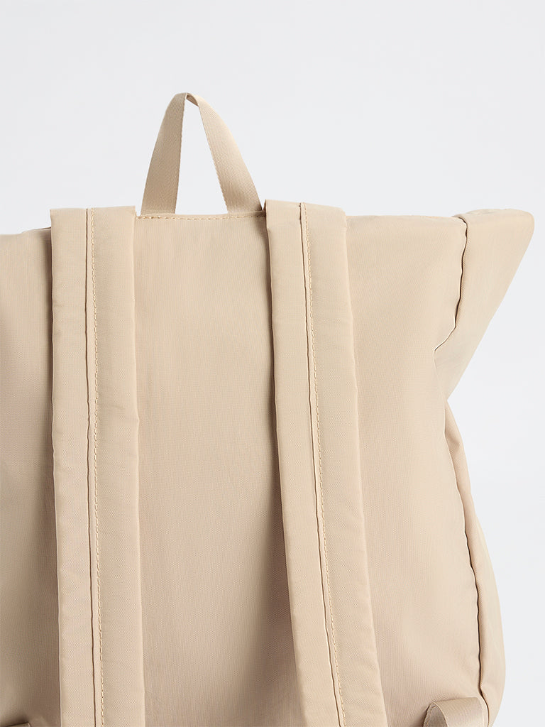 Beige Solid Multi-Pocket Backpack