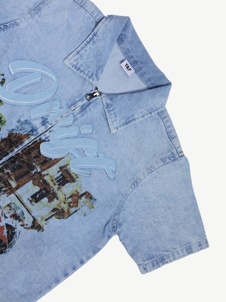 Y&F Kids Boys Blue Graphic Print Zip-Up Denim Shirt