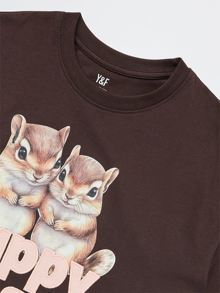Y&F Kids Girls Dark Brown Printed Cotton T-Shirt