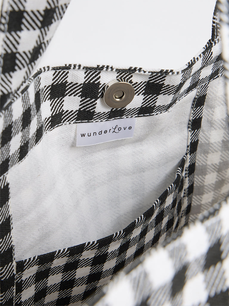 Wunderlove Black Gingham Checkered Canvas Tote Bag