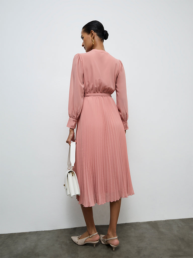 Wardrobe Dusty Pink Pleated A-Line Dress with a Belt