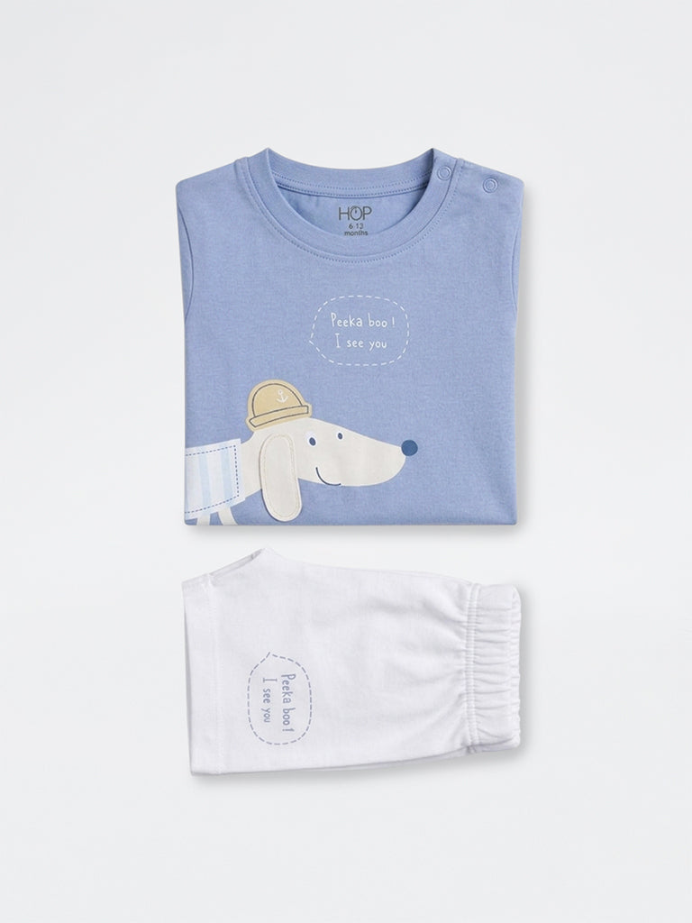 2-Piece HOP Baby Boys Dusty Blue Animal Printed Cotton Set