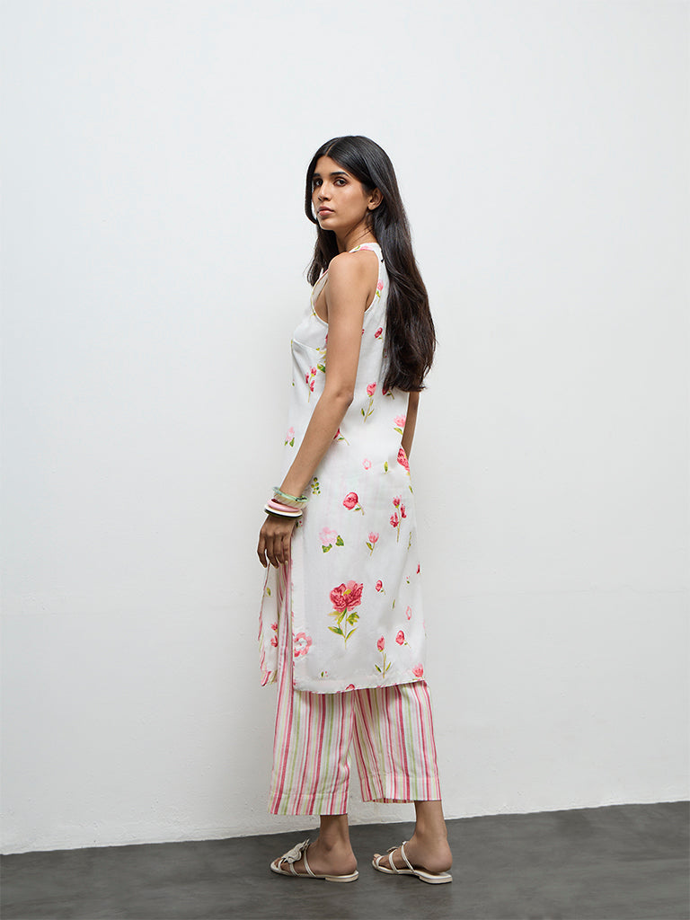 Utsa White Floral Printed Cotton-Blend A-Line Kurta