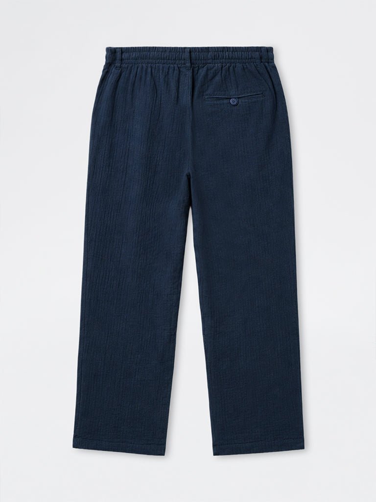 ETA Dark Blue Self-Striped Relaxed-Fit Mid-Rise Cotton Pants