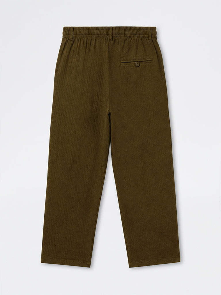 ETA Dark Olive Textured Relaxed-Fit Mid-Rise Cotton Pants