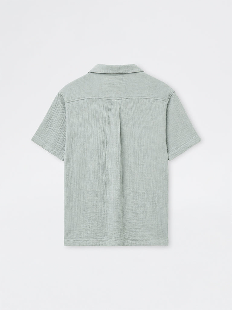 ETA Teal Crinkle-Textured Relaxed-Fit Cotton Shirt