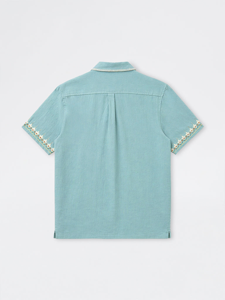 ETA Light Teal Embroidered Relaxed-Fit Cotton Shirt