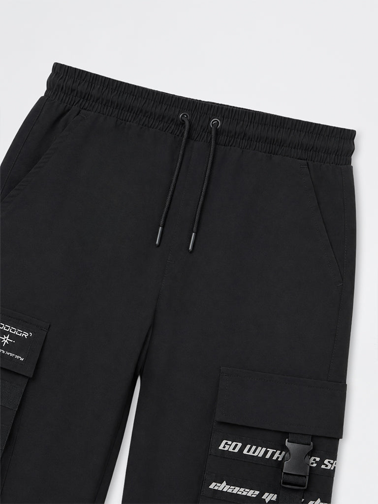 Boys Black Text-Detail Cargo-Style Joggers