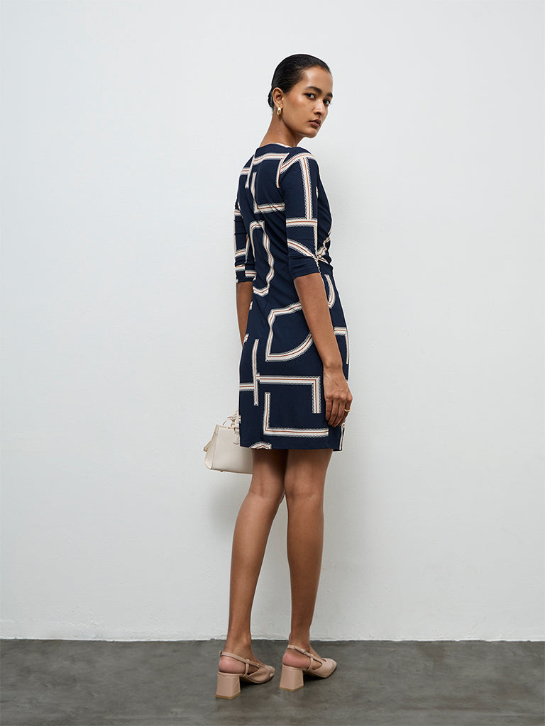 Wardrobe Navy Printed Wrap-Style Dress