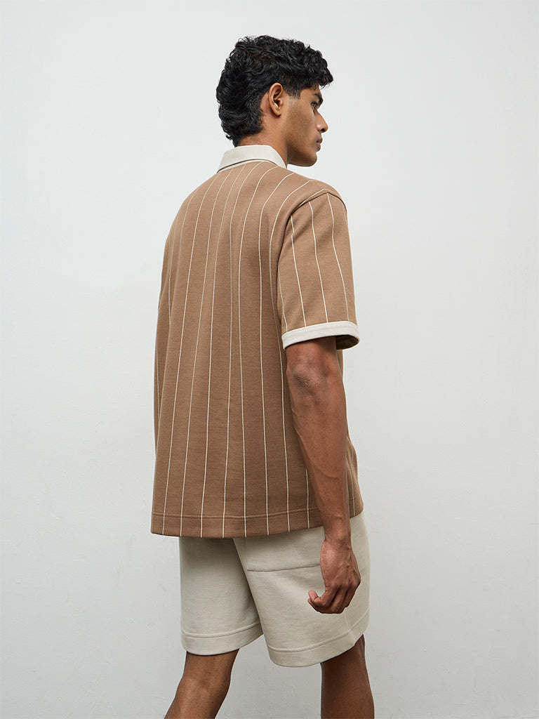 Nuoflexx Brown Striped Relaxed-Fit Cotton-Blend Polo T-Shirt