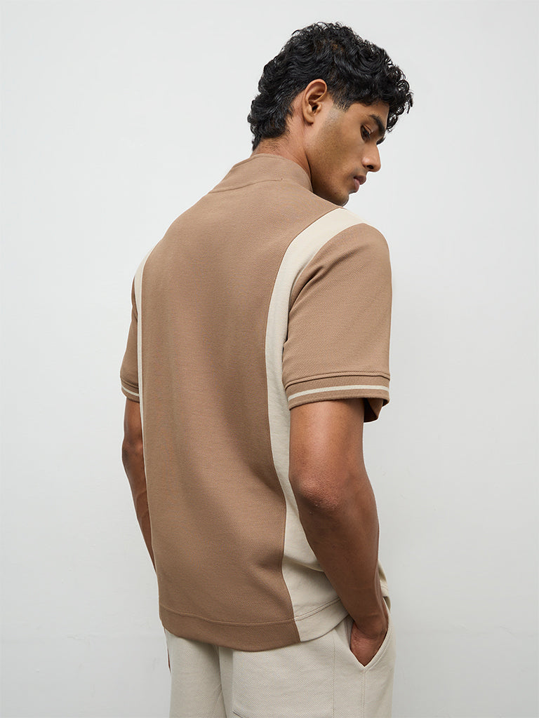 Nuoflexx Brown Color-Blocked Slim-Fit Quarter-Zip T-Shirt