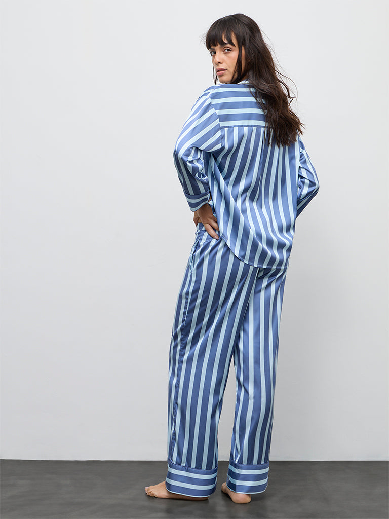 Wunderlove Blue Striped Satin Shirt and Pyjamas Set