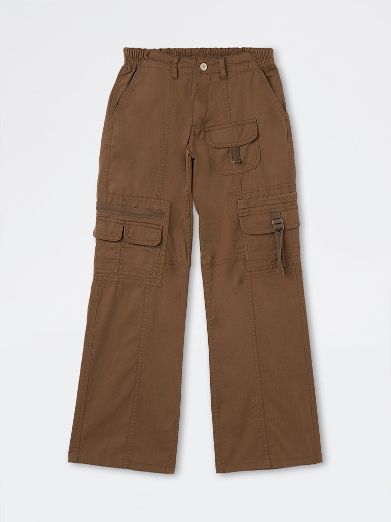Buy Nuon Brown High-Rise Cotton-Blend Cargo Trousers from Westside