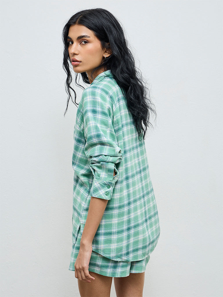 Superstar Green Oversized Checkered Cotton Shirt