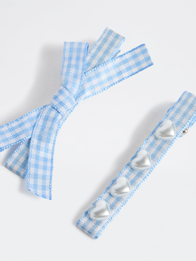 Westside Accessories Blue Gingham Checkered Bow and Pearl Clip - Pack of 2