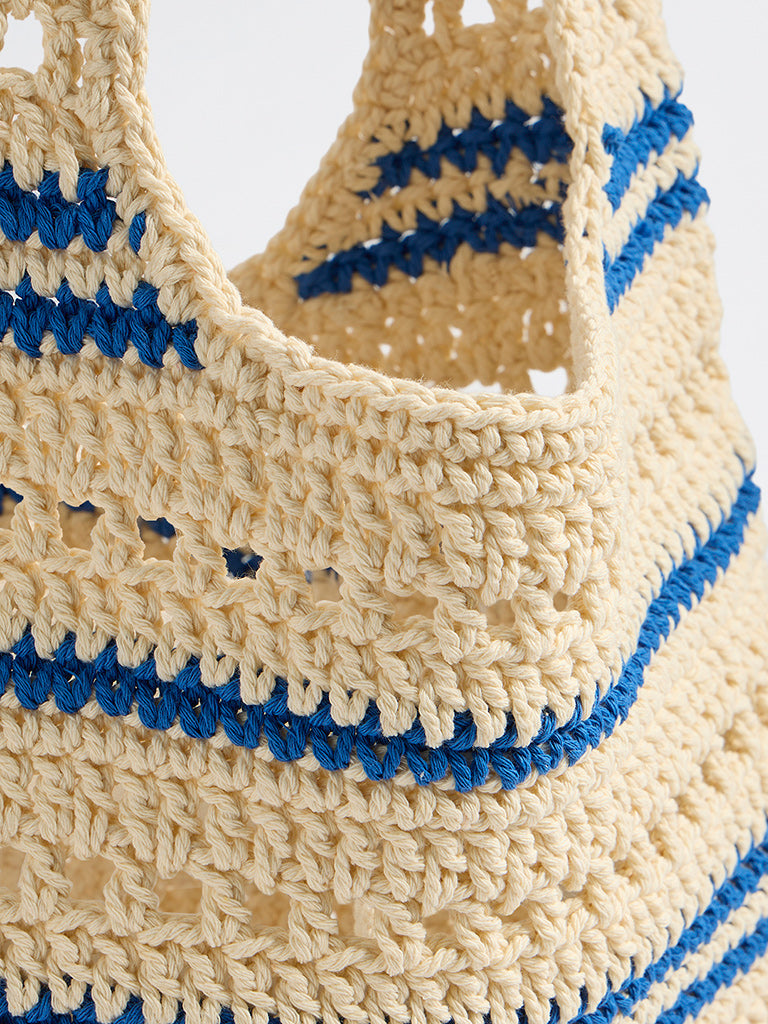 Westside Off-White and Blue Striped Crochet Design Tote Bag