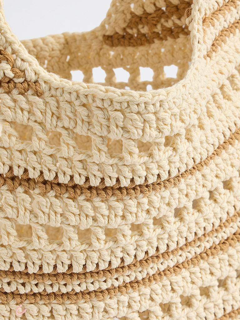 Westside Off-White and Brown Striped Crochet Design Tote Bag