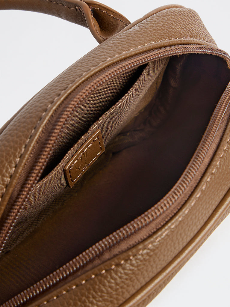 Westside Dark Brown Textured Sling Bag with a Floral Bag Charm