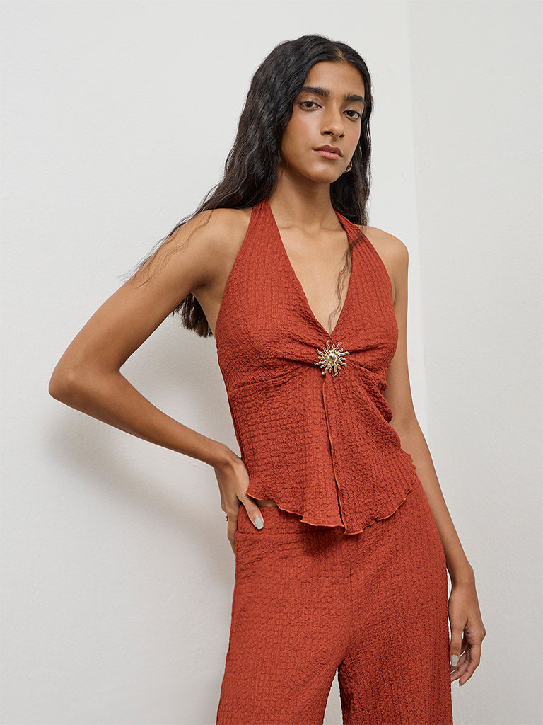 Buy Nuon Rust Textured Halter-Neck Top from Westside