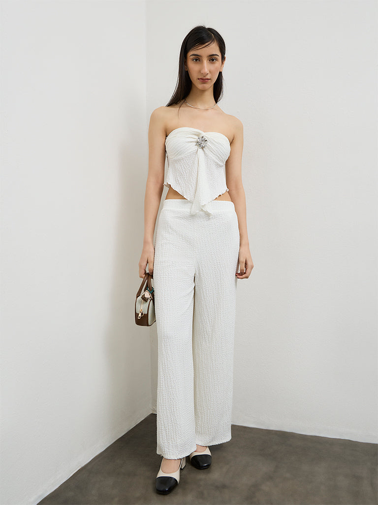 Buy Nuon Off-White Crinkle-Textured High-Rise Pants from Westside
