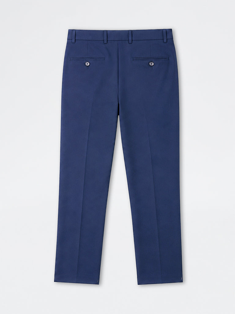 WES Formals Navy Solid Relaxed-Fit Mid-Rise Trousers