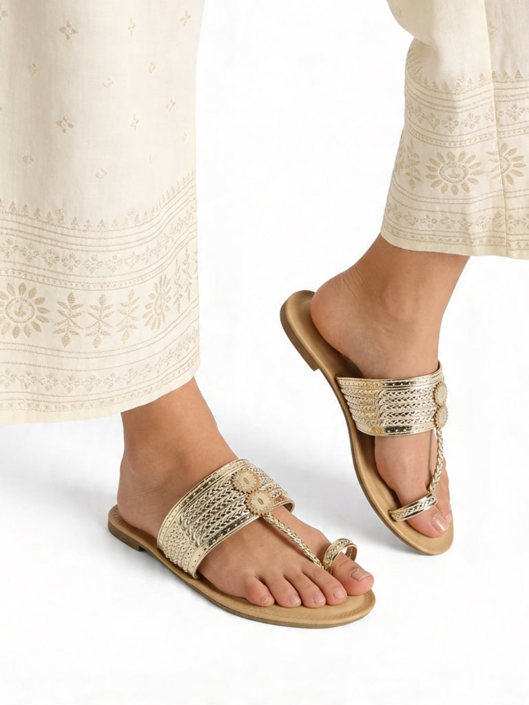 LUNA BLU Gold Braided Kolhapuri Sandals