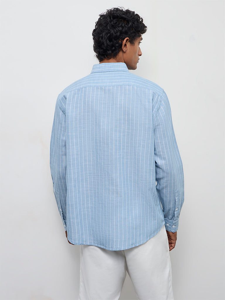 WES Casuals Light Blue Striped Relaxed-Fit Cotton-Blend Shirt