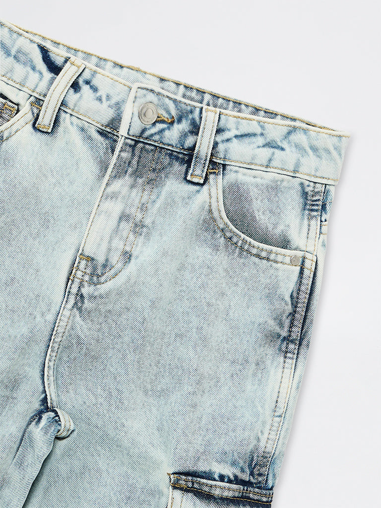 Boys Blue Faded Cargo-Style Mid-Rise Jeans