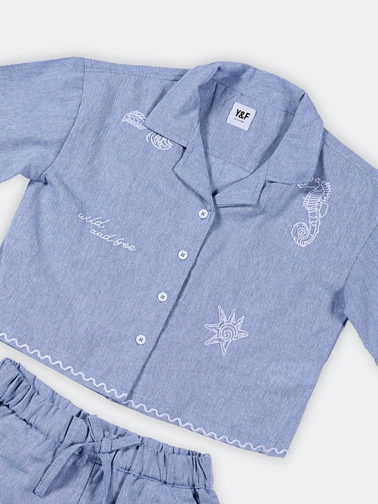 Girls Blue Denim Shirt and Shorts Set