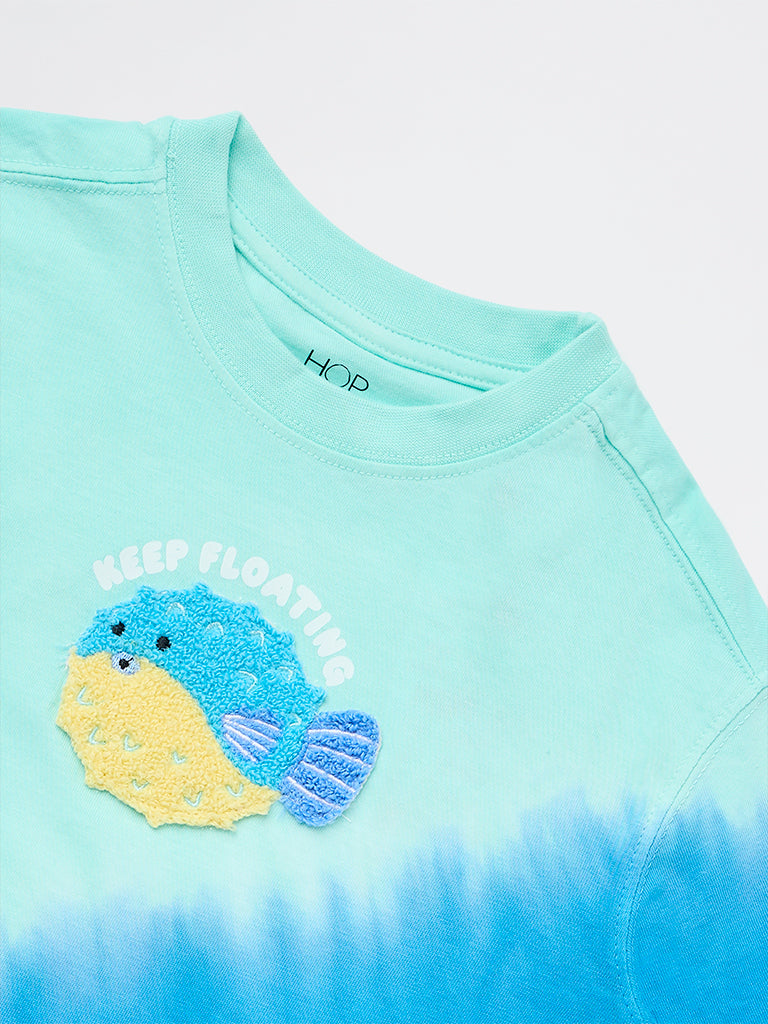 HOP Kids Boys Blue Tie-Dye Printed Cotton T-Shirt