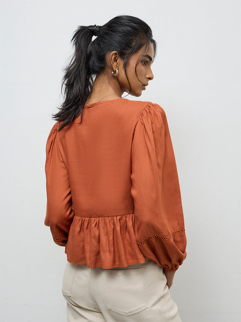 LOV Rust Floral Embroidered Top