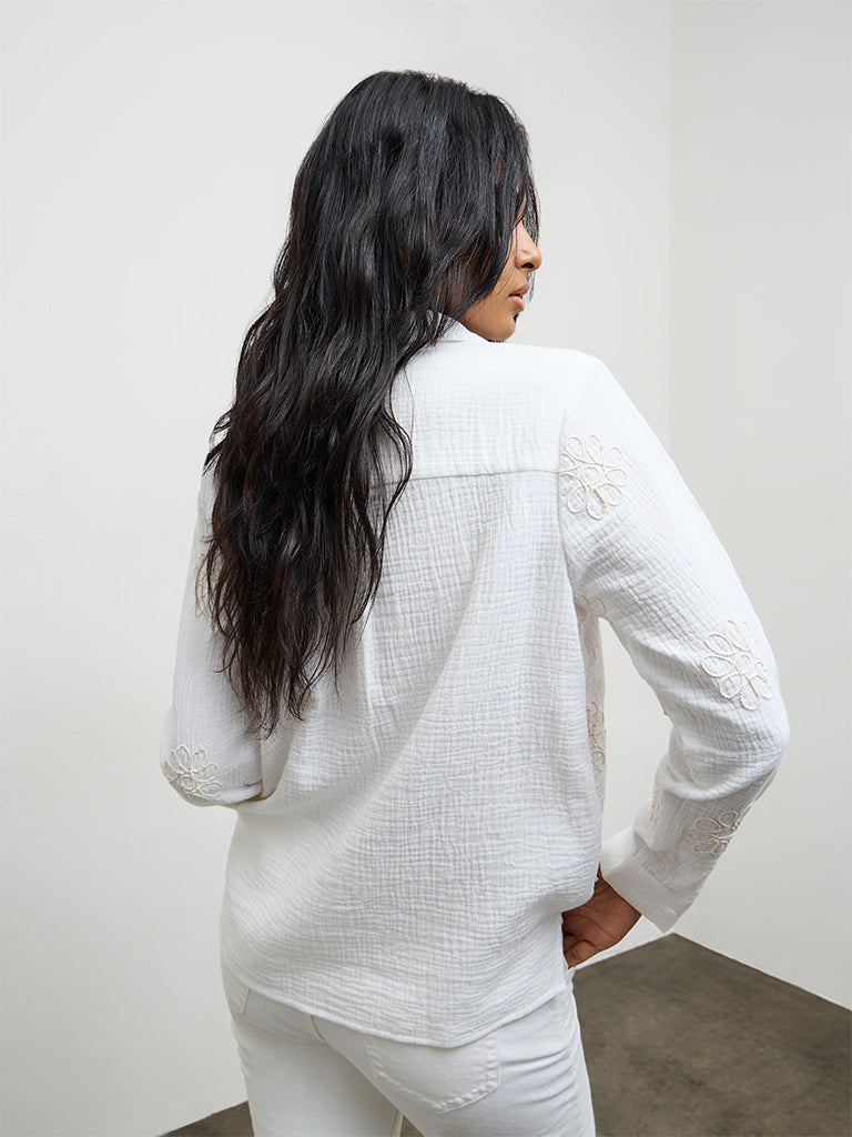 LOV Off-White Floral Embroidered Cotton Shirt