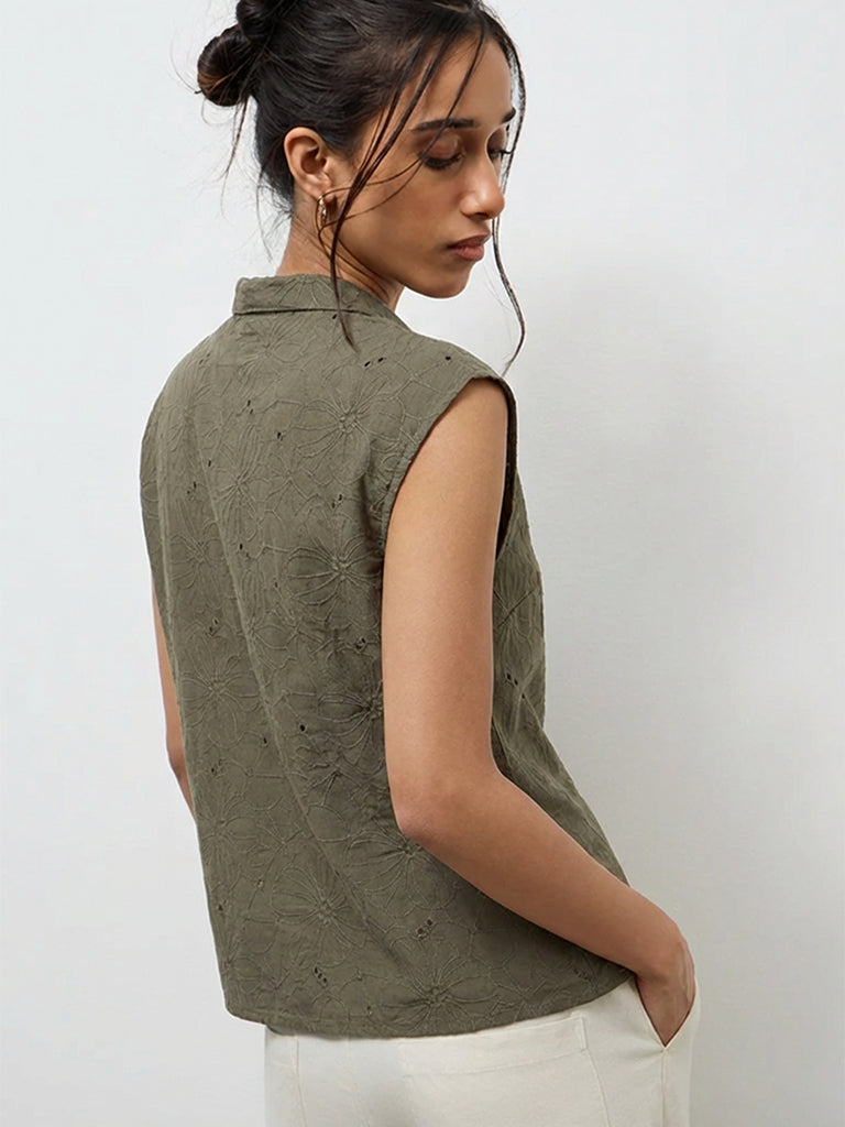 LOV Olive Floral Embroidered Cotton Blouse