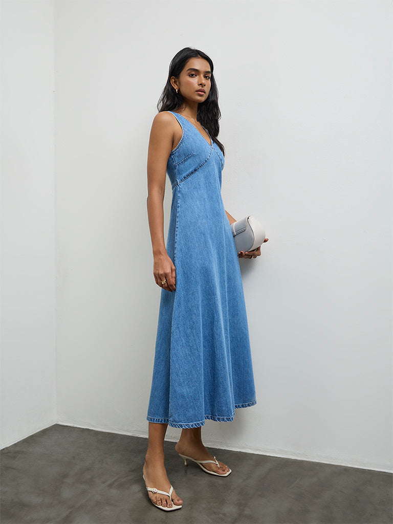 Buy LOV Light Blue Denim A-Line Dress from Westside