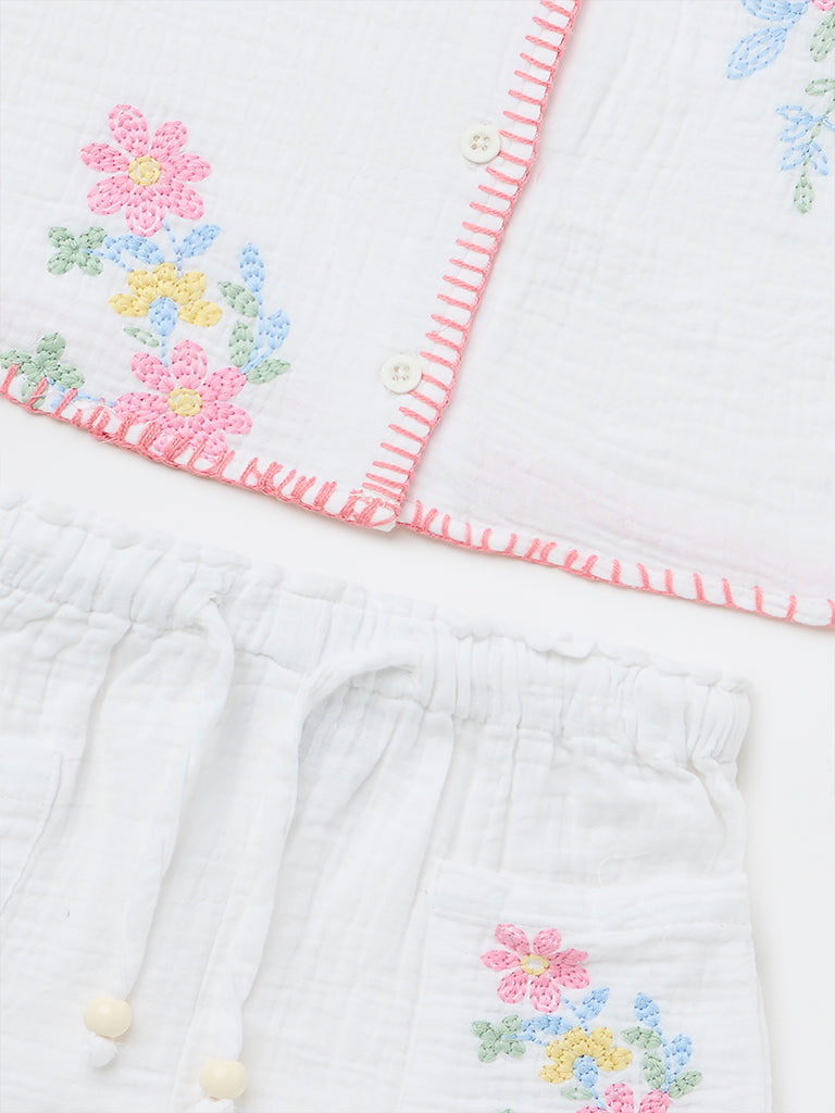 HOP Kids Girls Off-White Floral Cotton Shirt and Shorts Set