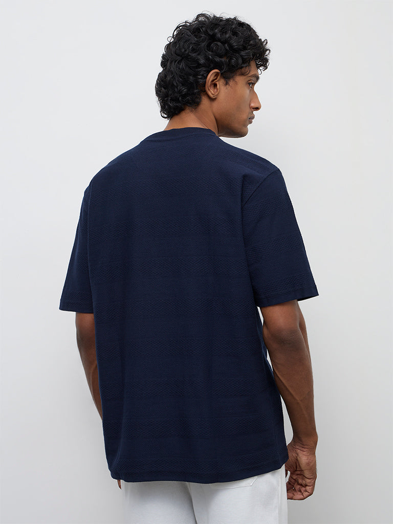 WES Lounge Navy Stripe Textured Relaxed Fit Cotton T-Shirt