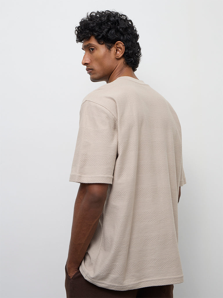 WES Lounge Taupe Stripe Textured Relaxed Fit Cotton T-Shirt