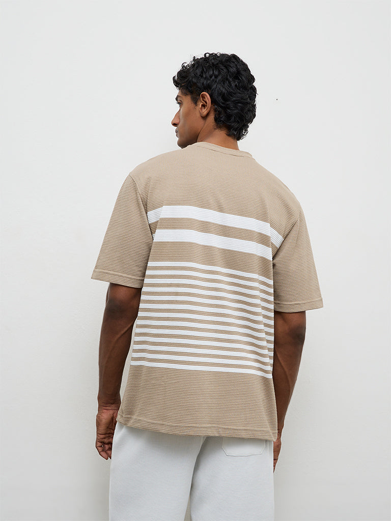 WES Lounge Beige Striped Relaxed-Fit Cotton T-Shirt