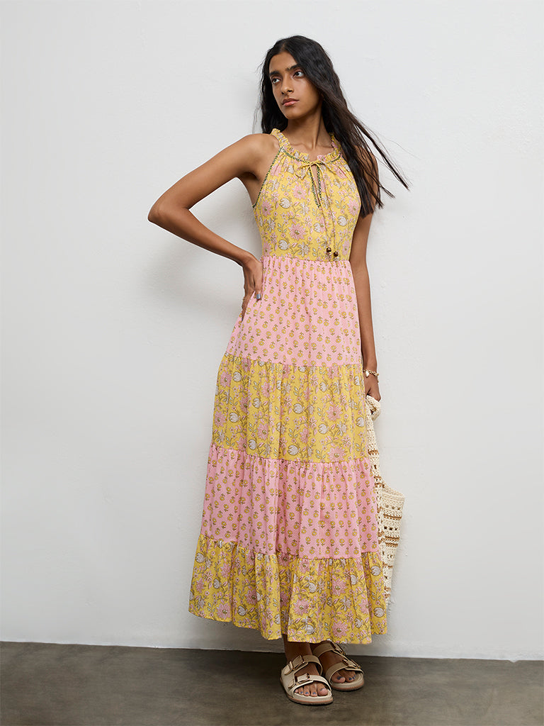 Buy Bombay Paisley Yellow Floral Printed Cotton Tiered Dress from Westside
