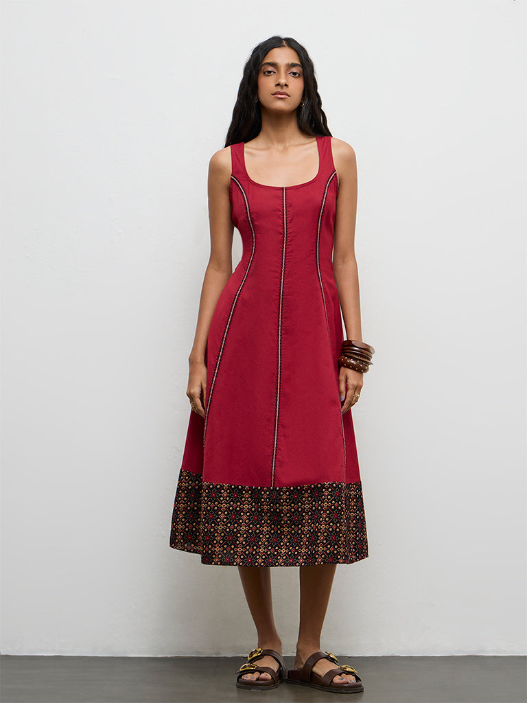 Buy Bombay Paisley Red Embroidered Cotton-Blend A-Line Dress from Westside