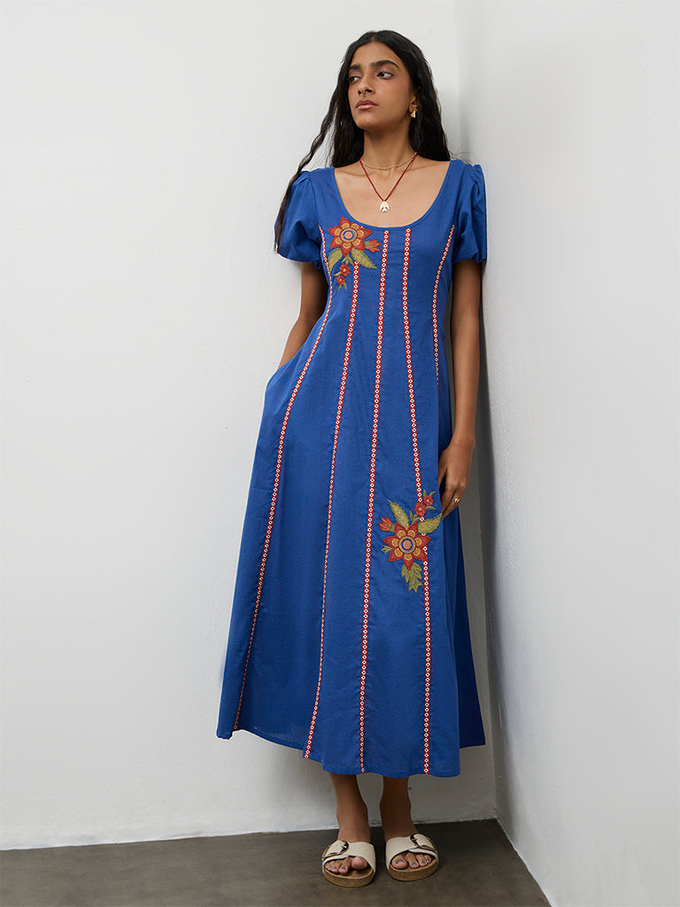 ヌキテパ Poplin Paisley Embroidery Dress Buy Bombay Paisley Blue Embroidered Cotton-Blend A-Line Dress from