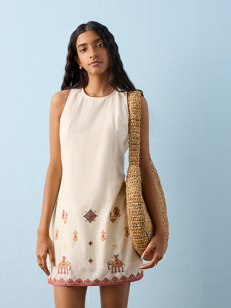 sachin and babi light blue dress Women's White/navy blue Eyelet-Embroidered Shift Dress