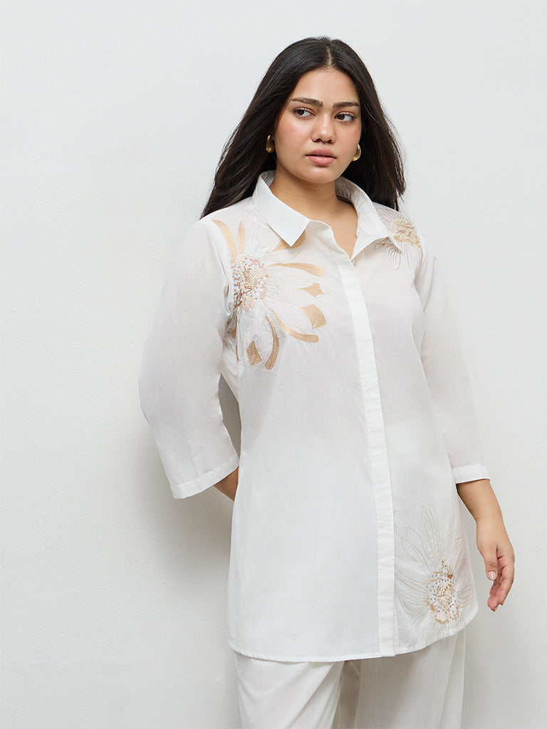 dosa ドーサ 手刺繍　ホワイトチュニック 七分袖　コットン　白　ヨーク　M Buy Diza White Floral Embroidered Cotton Tunic from Westside
