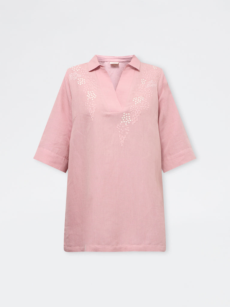 Diza Pink Floral Embroidered High-Low Linen-Blend Tunic