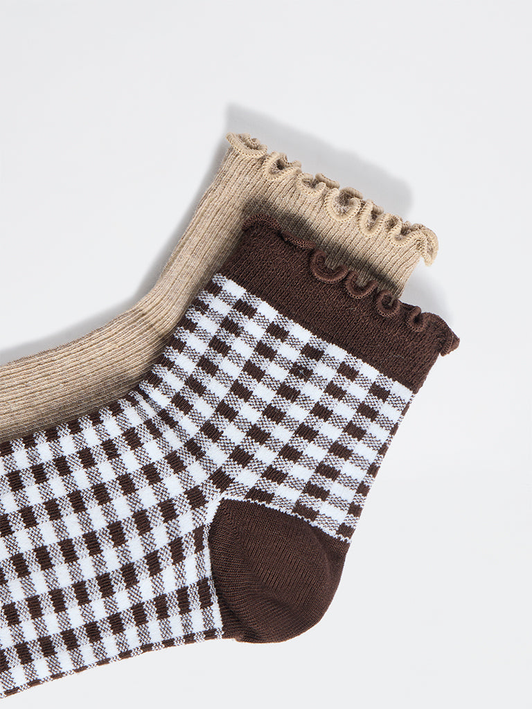Superstar Brown Gingham Check Cotton-Blend Socks - Pack of 2